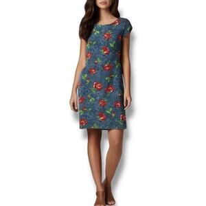 Vintage Escada Size 44 Short Sleeve Midi‎ Dress Blue Rosette Floral Cotttagecore